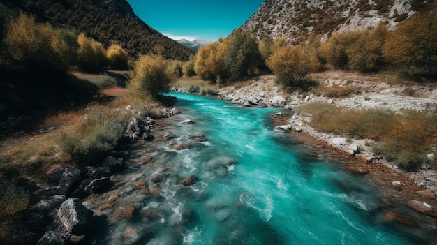 Een rivier met een blauwe rivier op de voorgrond en een berg op de achtergrond.