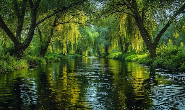 een rivier met een groene boom op de achtergrond