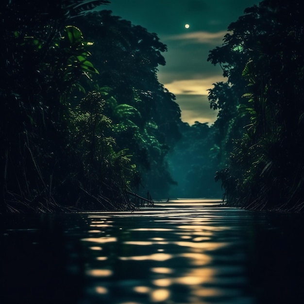 Een rivier met een licht dat erop schijnt en de zon die op het water schijnt.