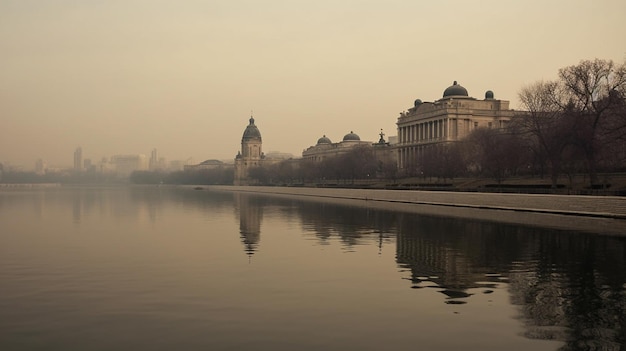 een rivier met een weerspiegeling van een gebouw erin