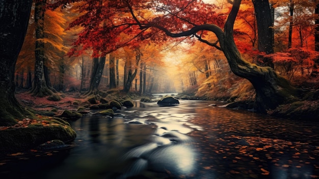 een rivier met herfstbladeren en een boom op de achtergrond