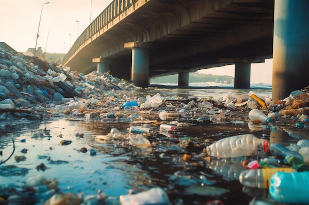 Een rivier met plastic flessen en afval erin