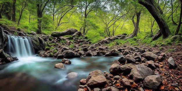 Een rivier met rotsen en bomen op de achtergrond