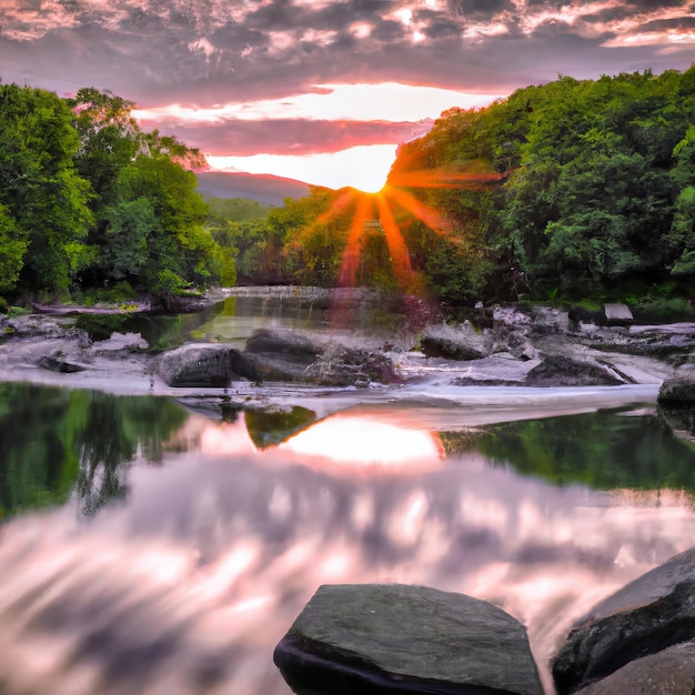 Foto een rivier met rotsen en de zon die door de bomen schijnt