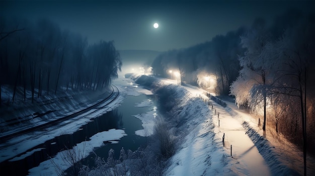 Een rivier op besneeuwde nachtachtergrond