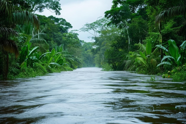Een rivier snijdt door een weelderig groen bos en creëert een boeiend gezicht van natuur krachtige stroom en levendig gebladerte Een rivier in het Amazonas regenwoud in volle overstroming