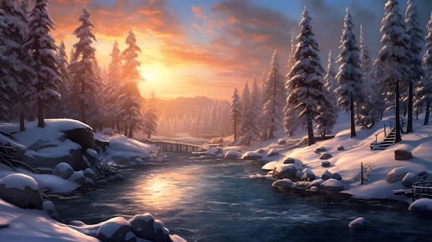 Een rivier stroomt door een besneeuwd landschap met een zonsondergang op de achtergrond.
