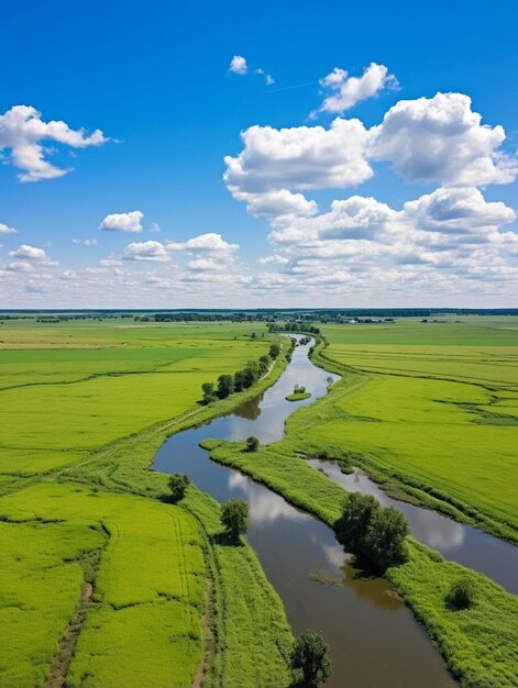 een rivier stroomt door een groen veld met bomen en wolken