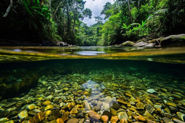 Een rivier stroomt door een ruig landschap van rotsen en bomen en creëert een diverse en levendige natuurlijke omgeving Onderwaterbeeld van een heldere rivier die door een regenwoud stroomt