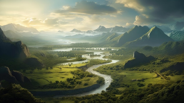 een rivier stroomt door een vallei met bergen op de achtergrond.