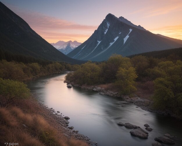 Een rivier stroomt door een vallei met bergen op de achtergrond.