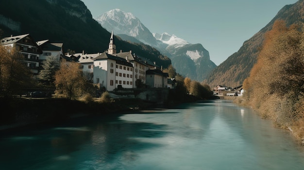 Een rivier stroomt door een vallei met bergen op de achtergrond