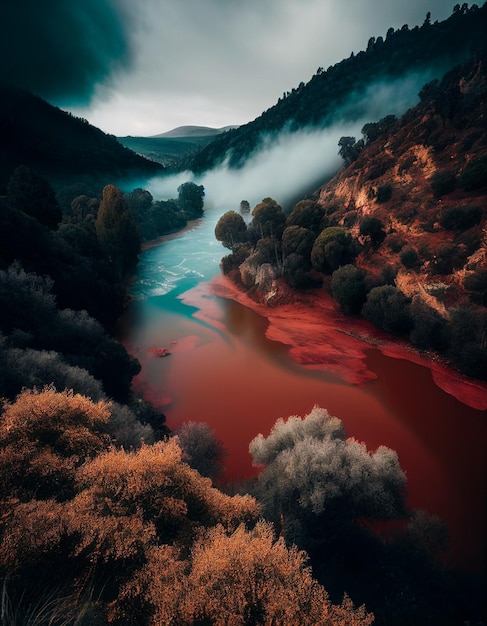 Een rivier stroomt door een vallei met een bewolkte lucht