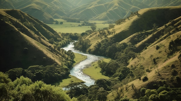Een rivier stroomt door een vallei met groene heuvels en bomen.