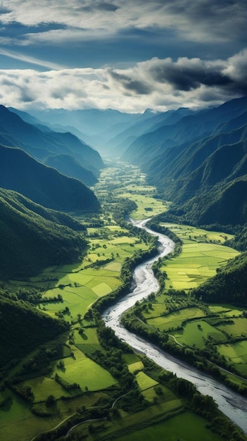 een rivier stroomt door een vallei omringd door bergen.