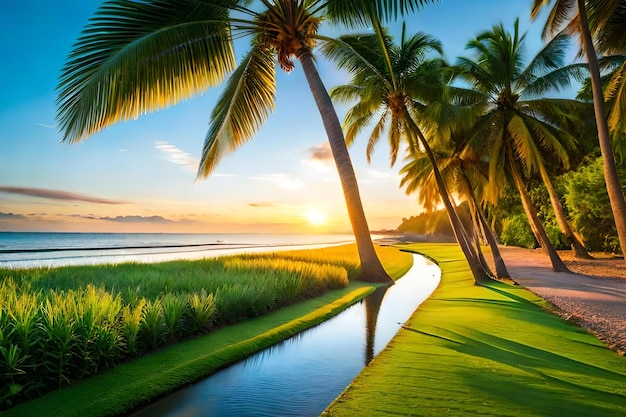 Een rivier stroomt door een weelderig groen veld met palmbomen op de voorgrond.