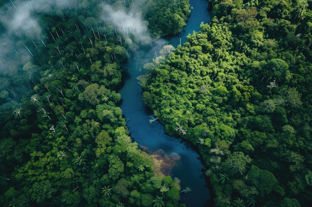 Een rivier stroomt rustig door een levendig en dicht bos omringd door weelderig groen. Vogelsblik op een majestueuze rivier die door een regenwoud stroomt.
