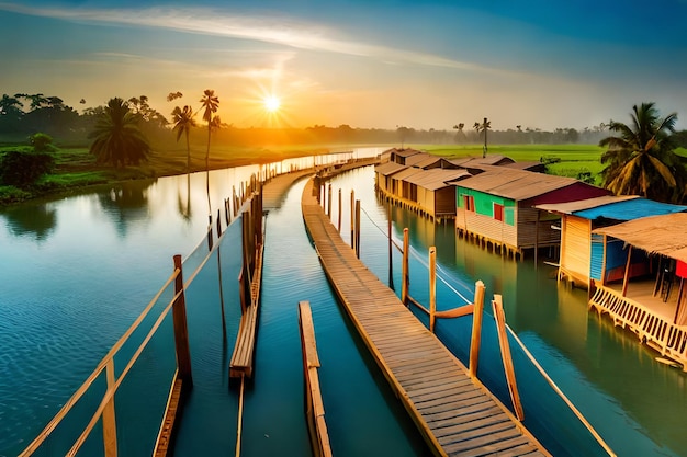 Een rivierlandschap met huizen op palen en een brug eroverheen.