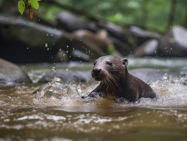 Een rivierotter zwemt door een rivier.