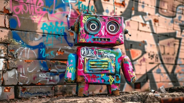 Een robot bedekt met kleurrijke graffiti zit naast een muur die kunst en technologie vermengt