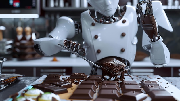 Foto een robot die chocolade eet met een vork waarop staat 