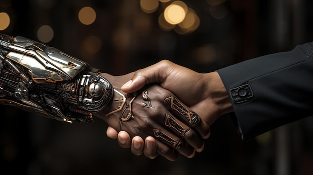 Een robot die de hand schudt met een man in close-up