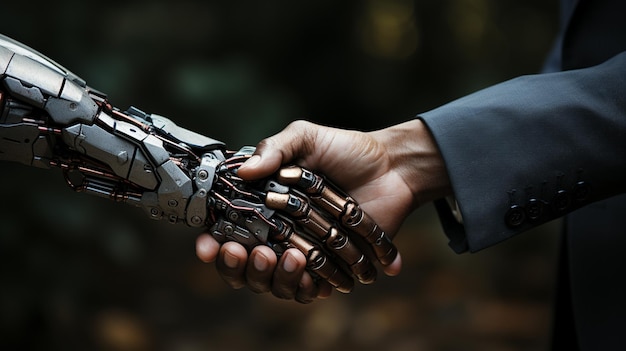 Foto een robot die de hand schudt met een man in close-up