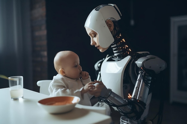 Een robot die een baby vasthoudt met een kom soep op de achtergrond