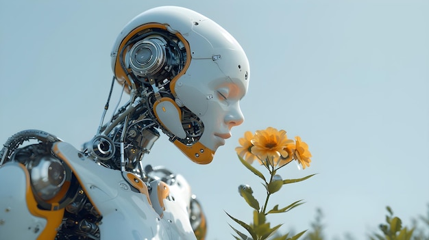 Een robot die een bloem ruikt.
