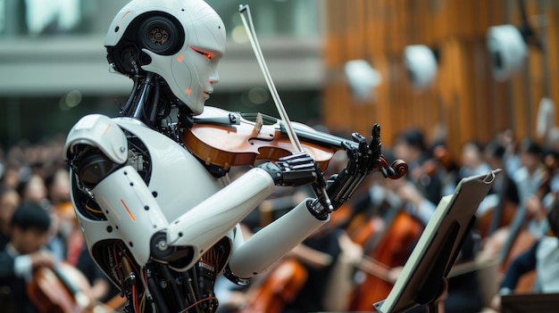Een robot die een orkest van menselijke muzikanten dirigeert