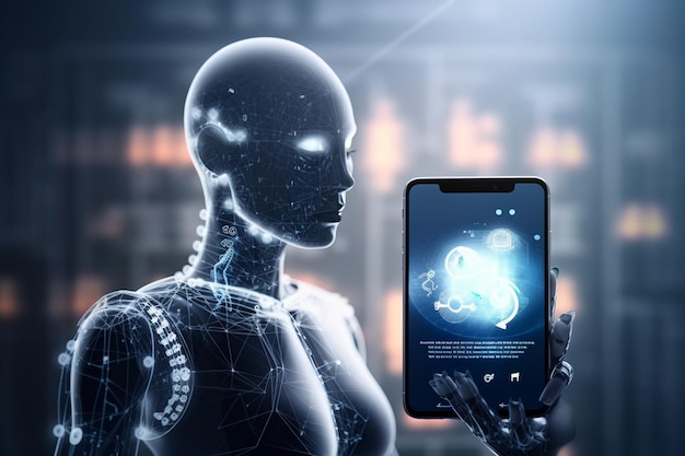 een robot die een tablet vasthoudt met een menselijk gezicht en het sms-bericht erop.