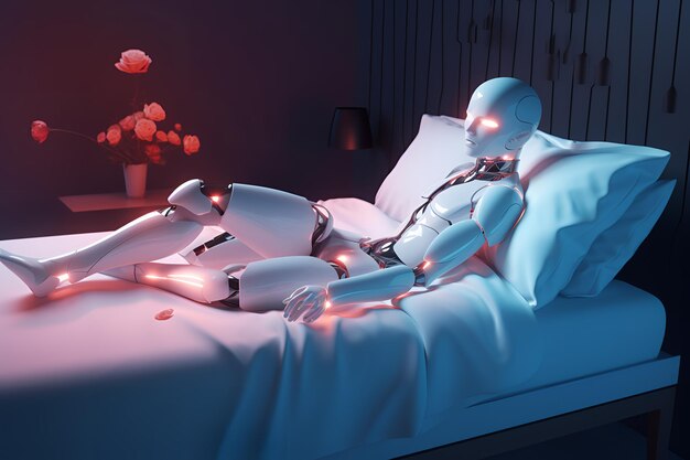 Een robot die in een bed ligt met een rood licht op zijn gezicht.