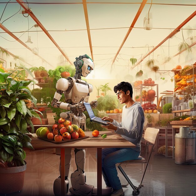 Foto een robot die op een toetsenbord speelt met een man die aan een tafel zit met fruit en groenten.