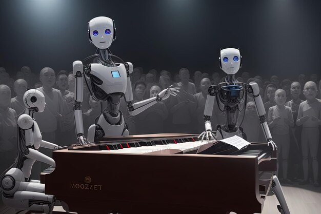 Een robot die piano speelt in een humanoïde android robot drukke concertzaal illustratie