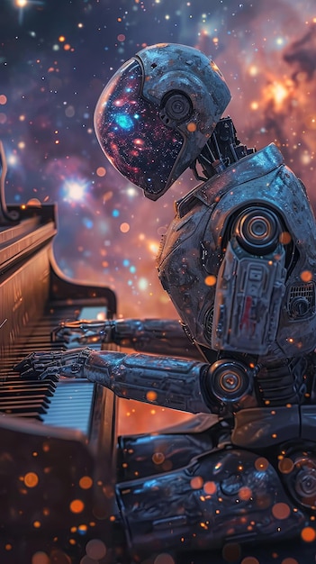Een robot die piano speelt in het universum.