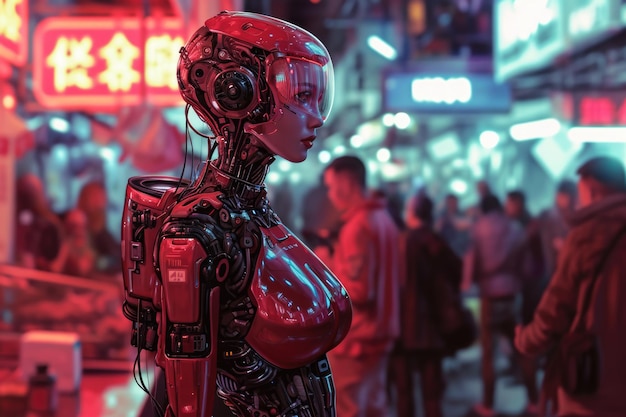 Een robot die tegen de achtergrond staat van een nachtelijke stadsstraat Cyborg