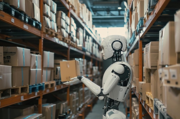 Een robot die toezicht houdt op een mode-e-commerce-opslagplaats die bestellingen efficiënt, snel en nauwkeurig sorteert en verpakt