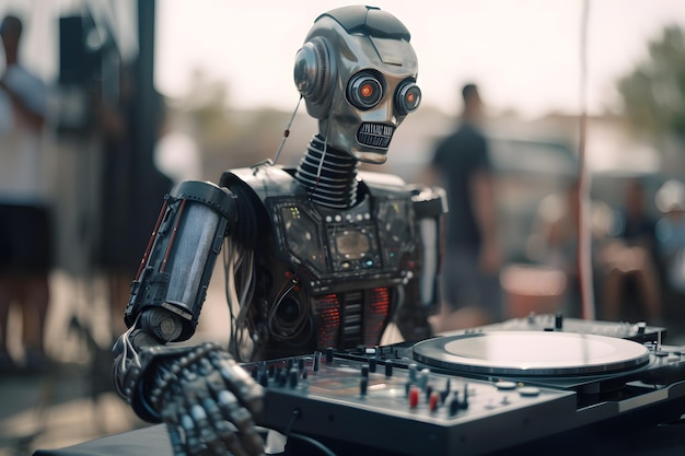 Een robot-dj die op een draaitafel speelt op een muziekfestival