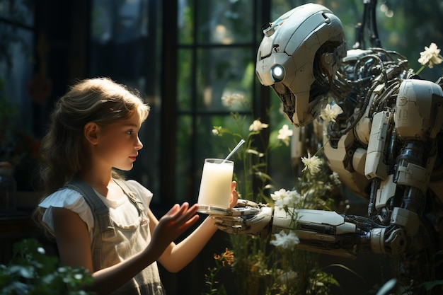 Een robot drinkt een glas melk met een meisje dat een glas melk vasthoudt.