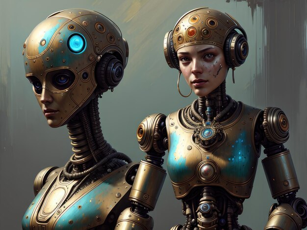 Een robot en een meisje met het woord robot op hun hoofd