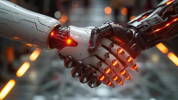 Een robot en een mens die elkaar de hand schudden, ze maken interactie.