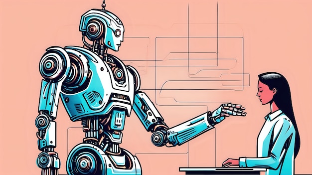 Een robot en een mens die samenwerken aan een taak die de synergie tussen AI en het menselijk brein benadrukt