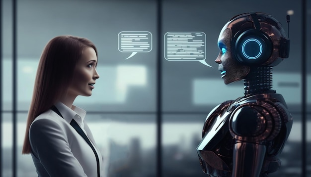 Een robot en een vrouw praten voor een raam