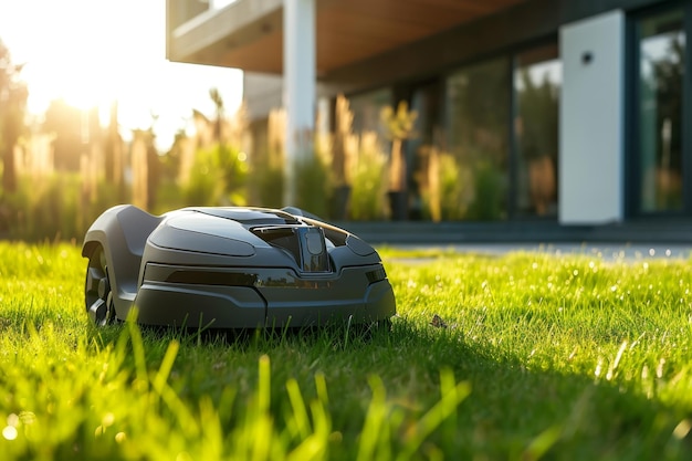 Een robot grasmaaier staat op het gazon bij het huis bij zonsondergang