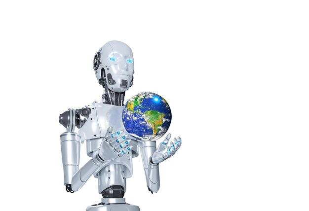 Een Robot Holding globe op witte achtergrond 3D render Elementen van deze afbeelding geleverd door NASA