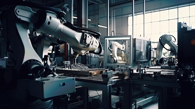Een robot in een fabriek met een raam erachter