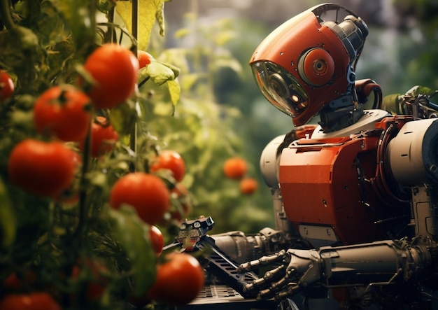 een robot in een kas waar tomaten op groeien.