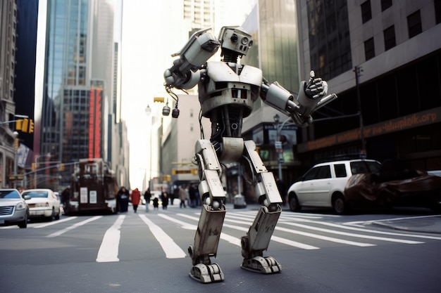 Een robot in een stadsstraat met een auto op de achtergrond