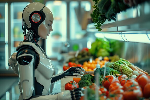 Een robot koopt groenten in een supermarkt.