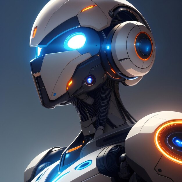Een robot met blauwe en oranje lichten wordt getoond.
